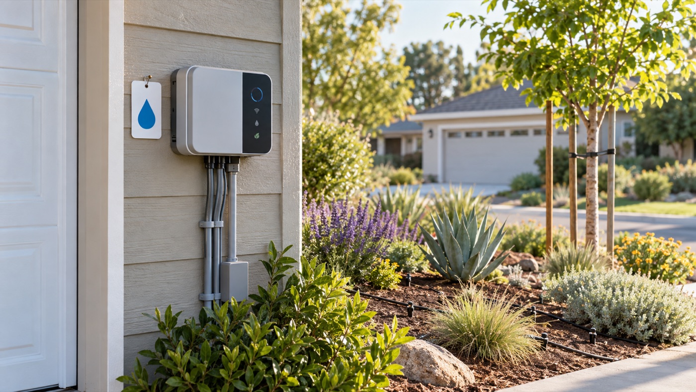 WaterSense irrigation controller label beside a smart controller in a water-wise home landscape