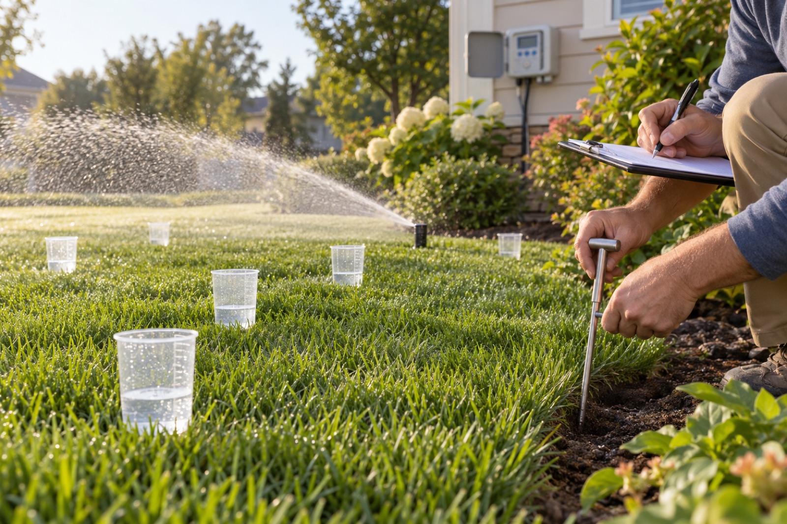Homeowner measuring sprinkler output with catch cups while checking soil moisture