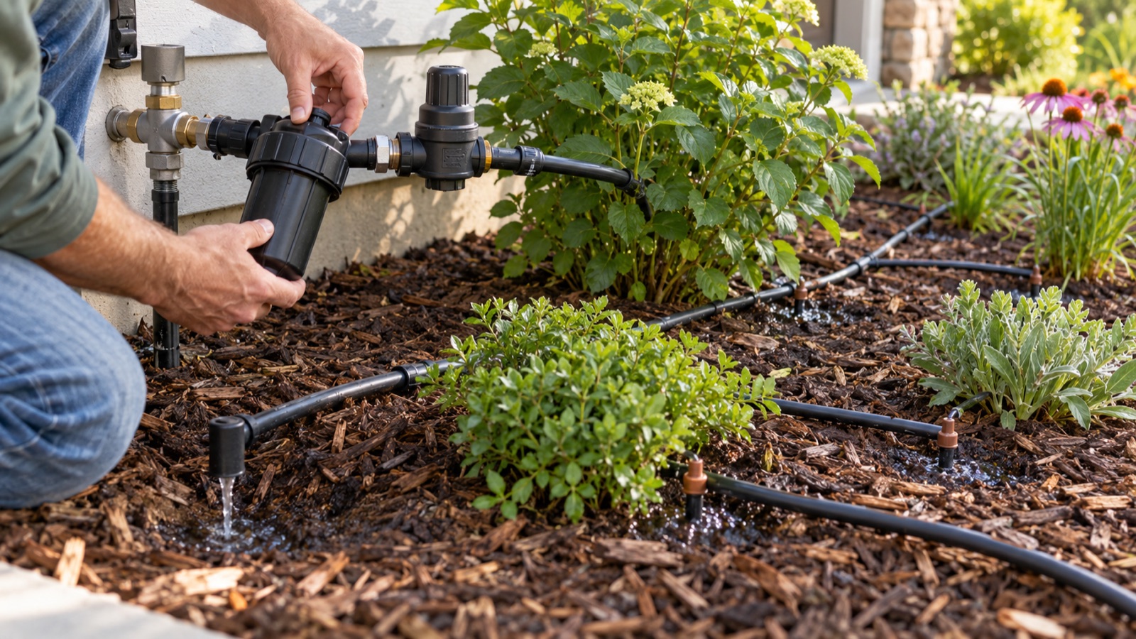 Homeowner inspecting a drip irrigation filter, pressure regulator, tubing, and emitters