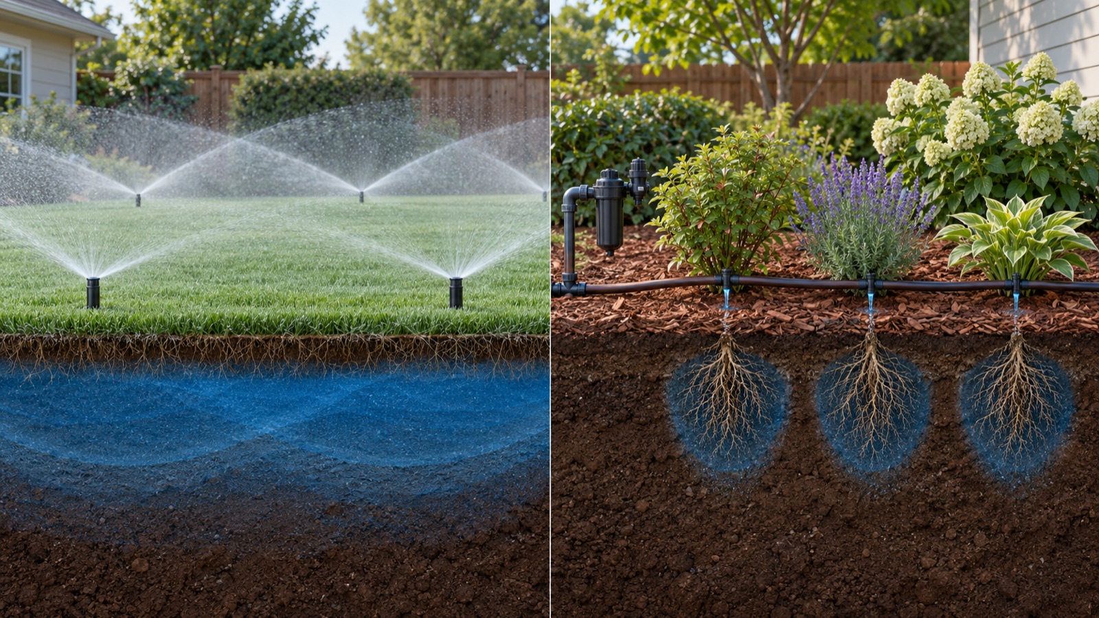 Spray sprinklers wet a continuous turf root zone while drip emitters create separate wetting patterns around plants
