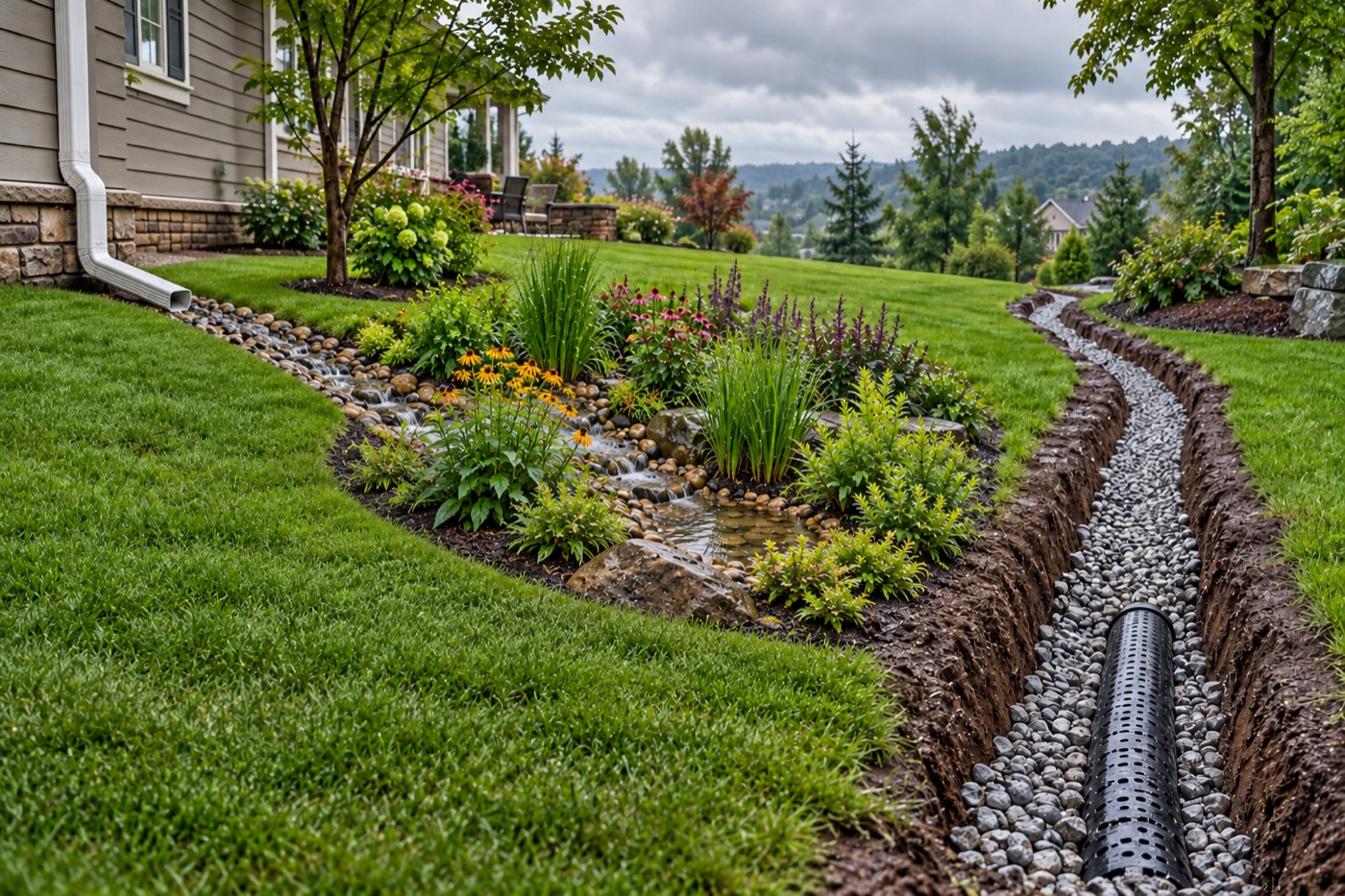 Split-view comparison of a planted rain garden and a gravel French drain in a suburban yard