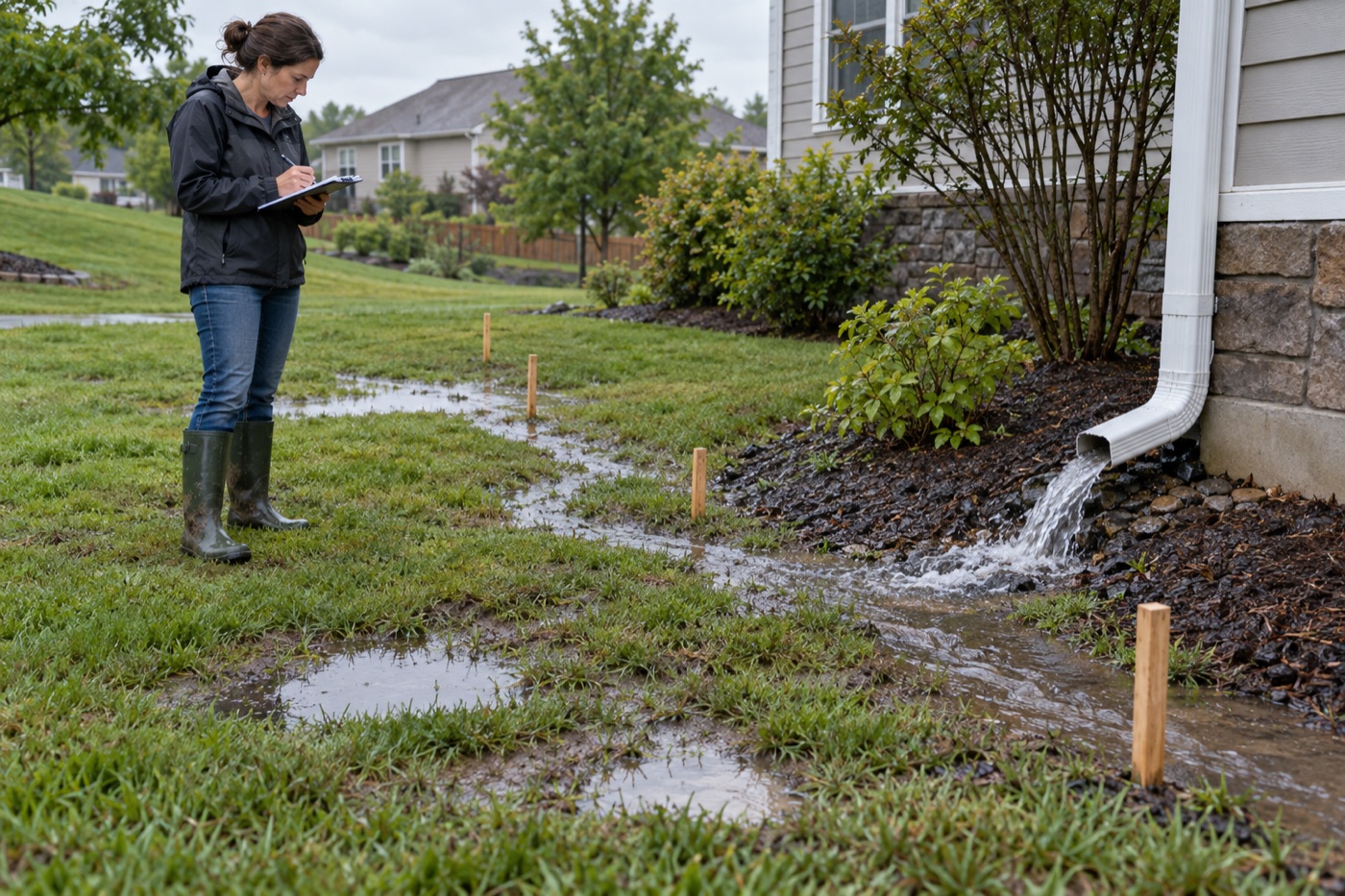 Homeowner observing downspout runoff and shallow puddling in a lawn after rain