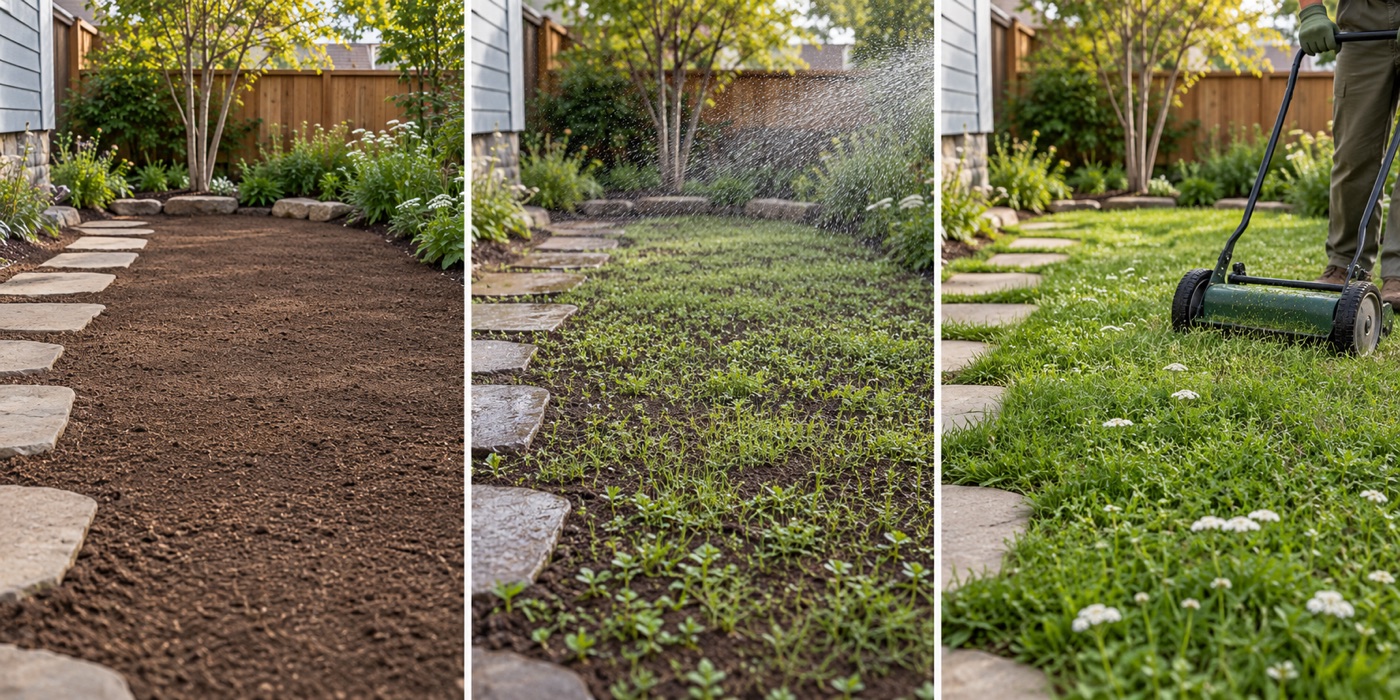 Stages of preparing seeding and mowing a new yarrow ecolawn