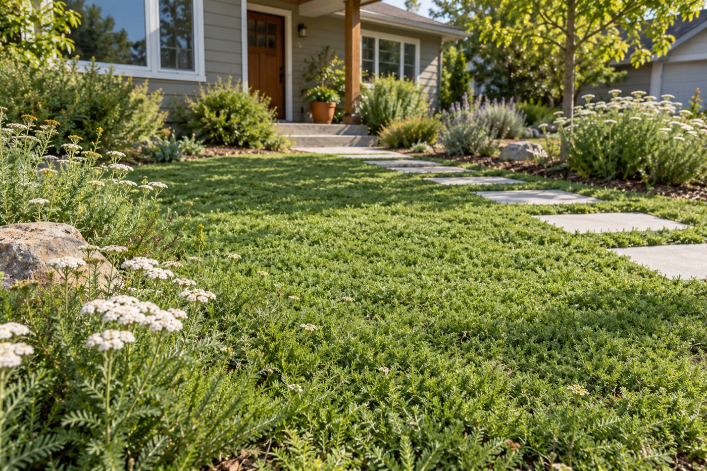 Low mown yarrow lawn with stepping stones and flowering edges in a sunny yard